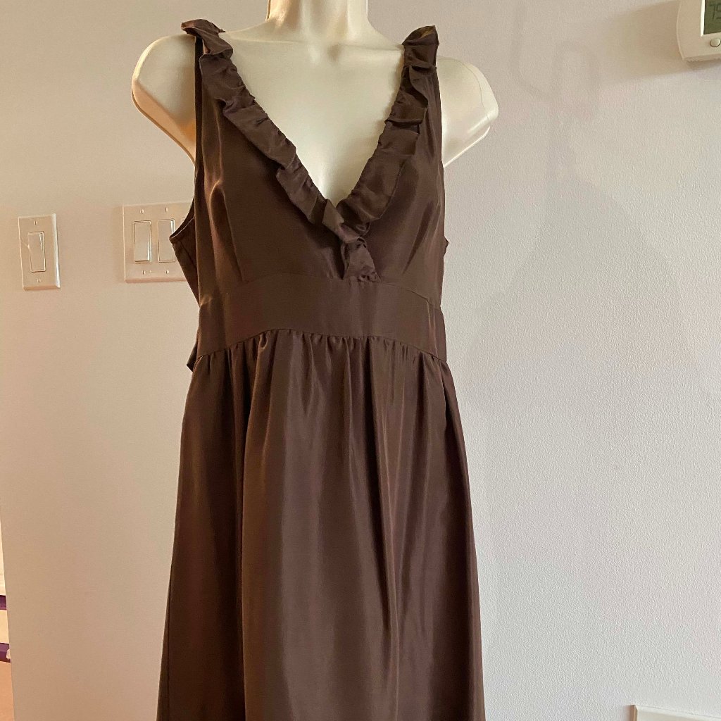 Maeve Anthropologie Brown Silk Ruffle Midi Dress | V-Neck | Size S